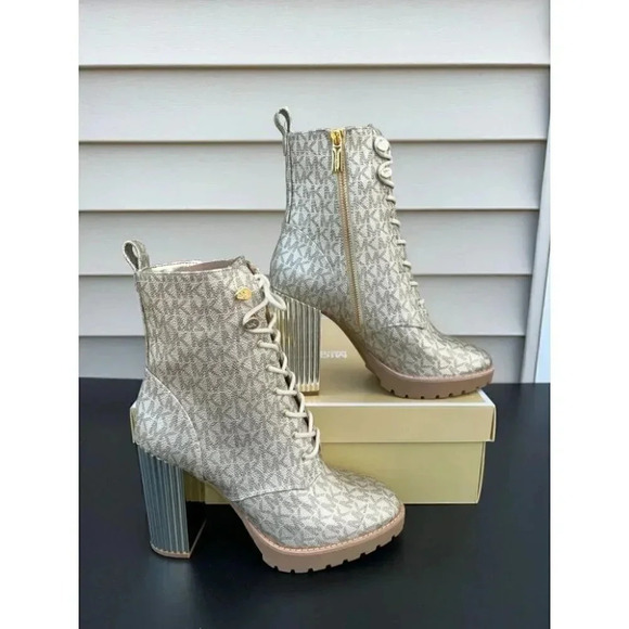 Michael Kors Porter Lace Up Boot Designer MK Signature Pale Gold - Picture 1 of 12